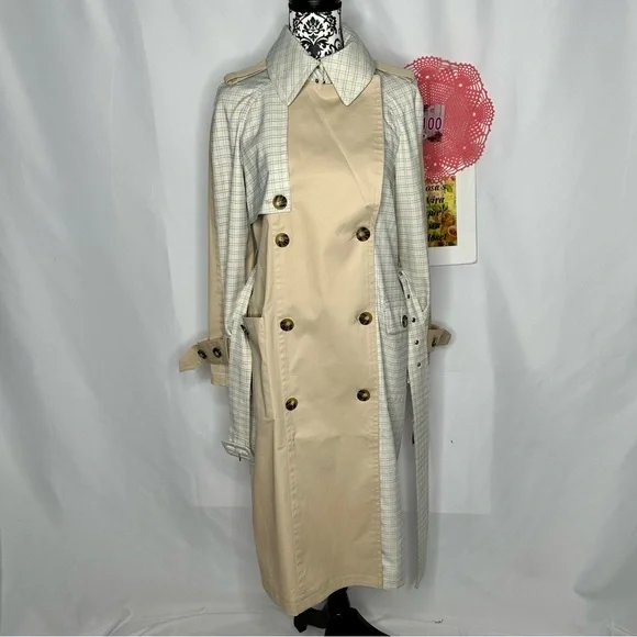 NWT Avec Les Filles Tan and Blue Plaid patchwork Trenchcoat Medium - Picture 6 of 16